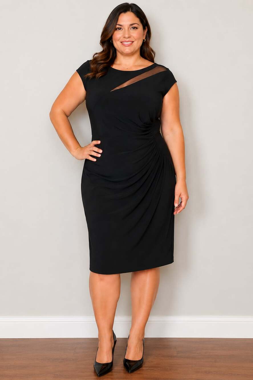 Lauren Ralph Lauren Black Ruched Sheath Dress Mesh Neck Size 16 Cocktail